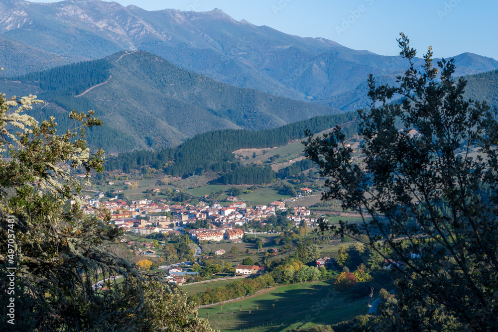 Panoramic view of Potes, from the Hermitage of San Miguel. Cantabria. Spain.