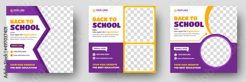 School admission social media post banner design. back to school social media post banner design set. Back to school admission promotion banner. school admission template for social media ad.