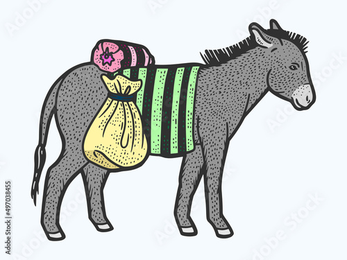 Fototapeta Naklejka Na Ścianę i Meble -  Donkey carrying heavy loads color. Sketch scratch board imitation. Engraved illustration for and T-shirts or tattoo.