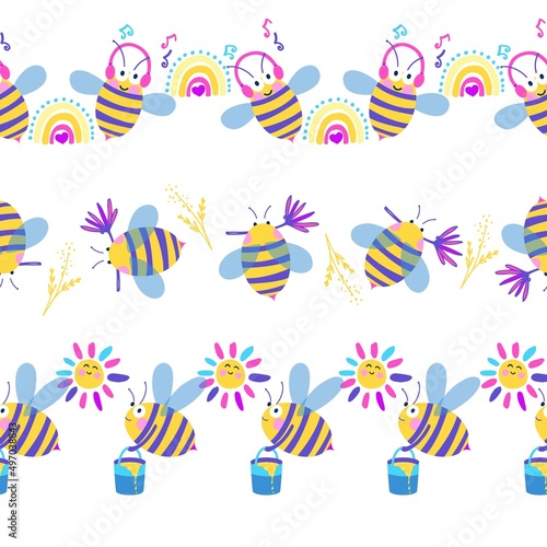 Cute Fun Honey Bees Vector Seamless Horizontal Borders Set