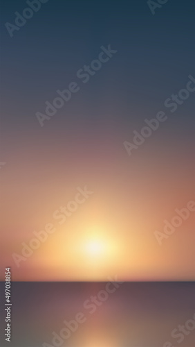 Abstract aerial vertical view of sun rise gradient mesh over ocean with bright stars. Nothing but sunset ombre blue sky and water. Beautiful summer serene scene. Vector illustration