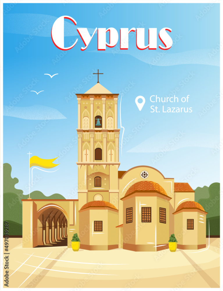 Illustration of the Church of St. Lazarus, a sight of the island of Cyprus. mediterranean sea tourism and famous place