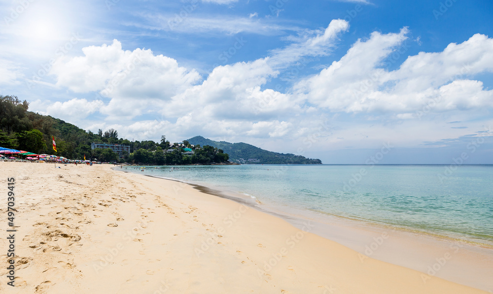 Summer sandy beach with beautiful blue sea, tropical island in south of Thailand, summer holiday destination