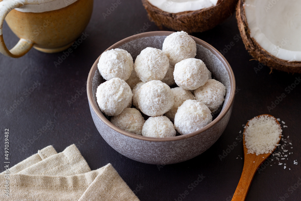 Fototapeta premium Coconut candy or cookies. Dessert. Coconut. Vegetarian food.