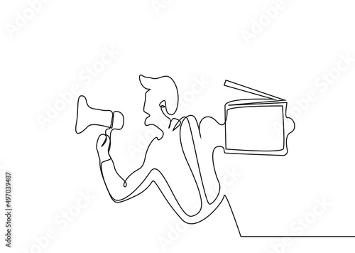 a filmmaker shouting with a clapboard in one hand and a megaphone in the other