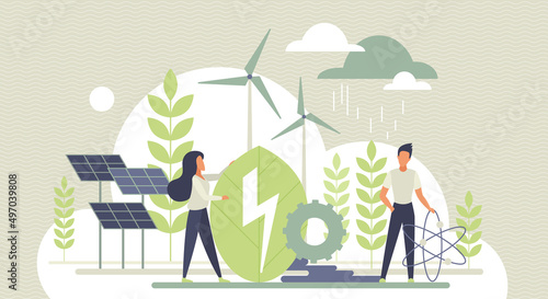 People using eco future technology, renewable energy sources vector illustration. Cartoon man woman characters standing near wind turbines, solar panels. Green energy to clean environment concept