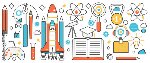 Creative business startup technology. Corporate education and research success solution  management process and analysis  project rocket launch in infographic concept banner  thin line art design