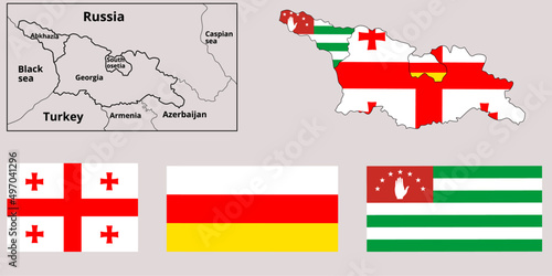 georgia,Republic of South Ossetia or the State of Alania,Republic of Abkhazia map flag icon set