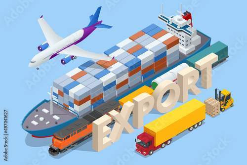 Global logistics network isometric , Ocean Freight, Global network, Shipping expertise, End-to-end services, Smart technology concept with global logistics partnership