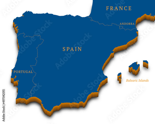 Iberian Peninsula 3D map. Detailed 3d map with dropped shadow. Blue isometric silhouette. Vector illustration. Template for design and infographics.