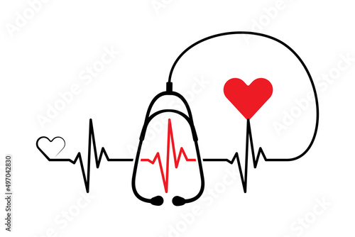 Abstract stethoscope with red heart, ekg line design isolated on white background. Healthcare symbol to use in health industry, cardiology, medical care, hospital, health science projects.