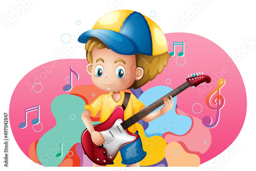 Cute boy playing guitar cartoon