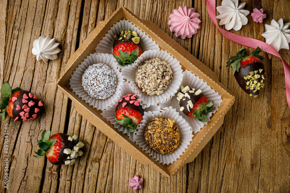 Festive dessert in a restaurant on a wooden table
Festive dessert in a restaurant on a wooden table