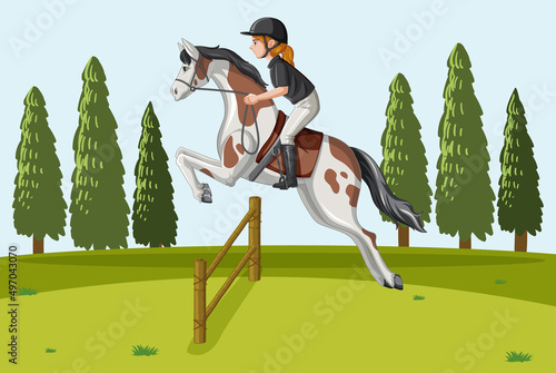 Outdoor background with a woman riding horse