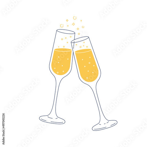 Toasting champagne glasses. Celebration illustration. Abstract drink. Outline illustration. 