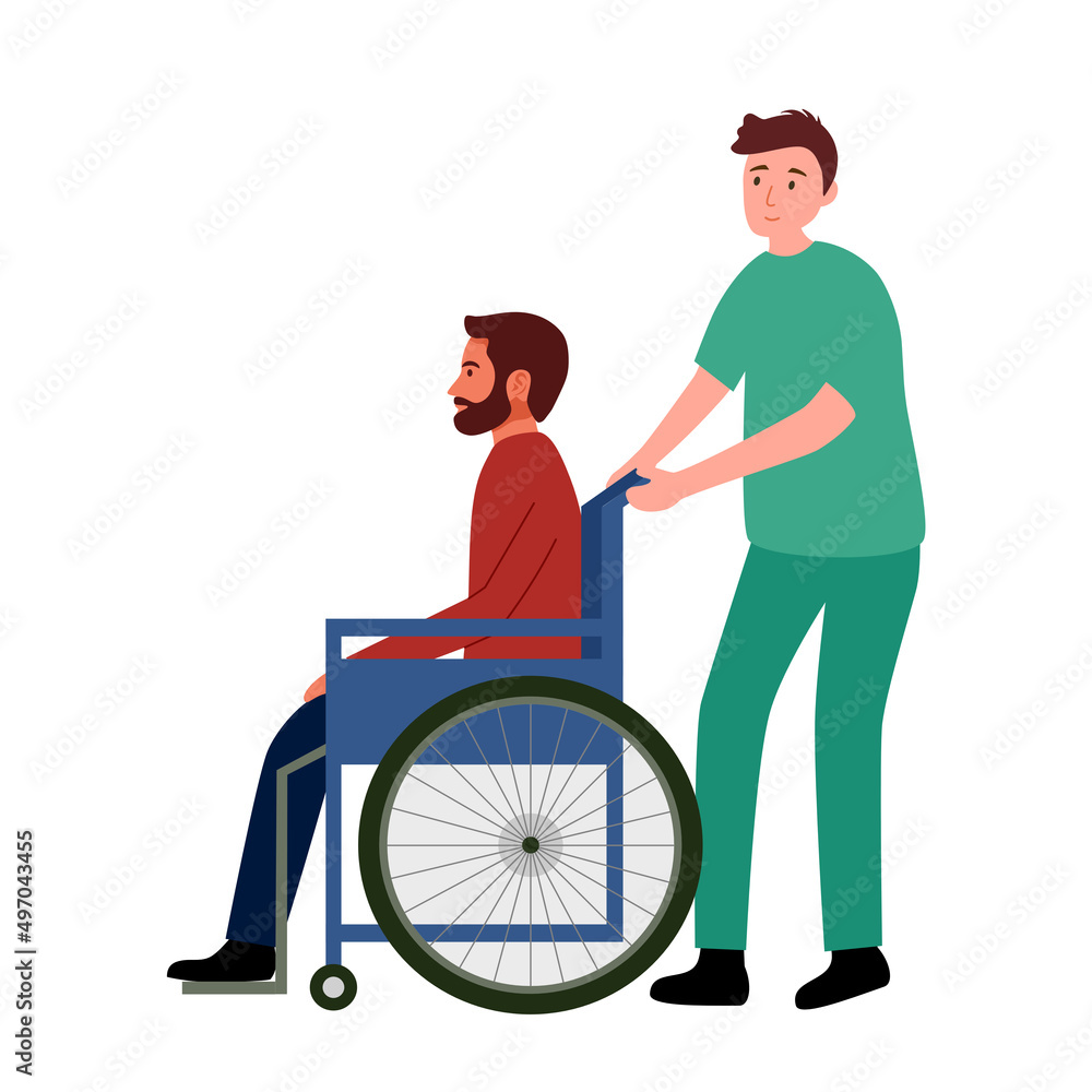 Male nurse pushing a man patient in wheelchair vector illustration on white background. Male nurse pushing a man patient in wheelchair vector illustration on white background.
