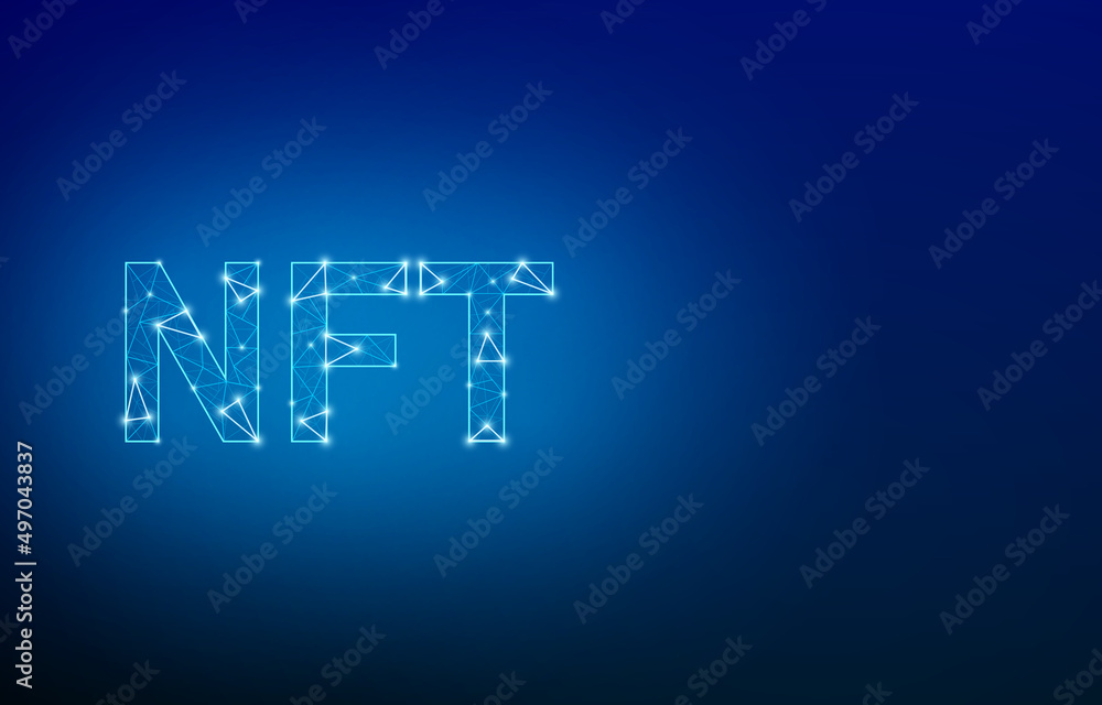 Blue NFT concept from polygonal mesh with light points. Simple dark background. Blue NFT concept from polygonal mesh with light points. Simple dark background.