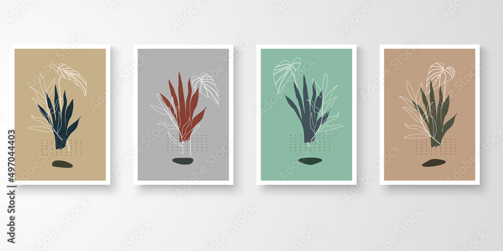 Set of wall art with frames.Modern line art drawing with abstract organic shape composition earth tone. Moon plants, stone, alocasia, palm, monstera art vector illustration.