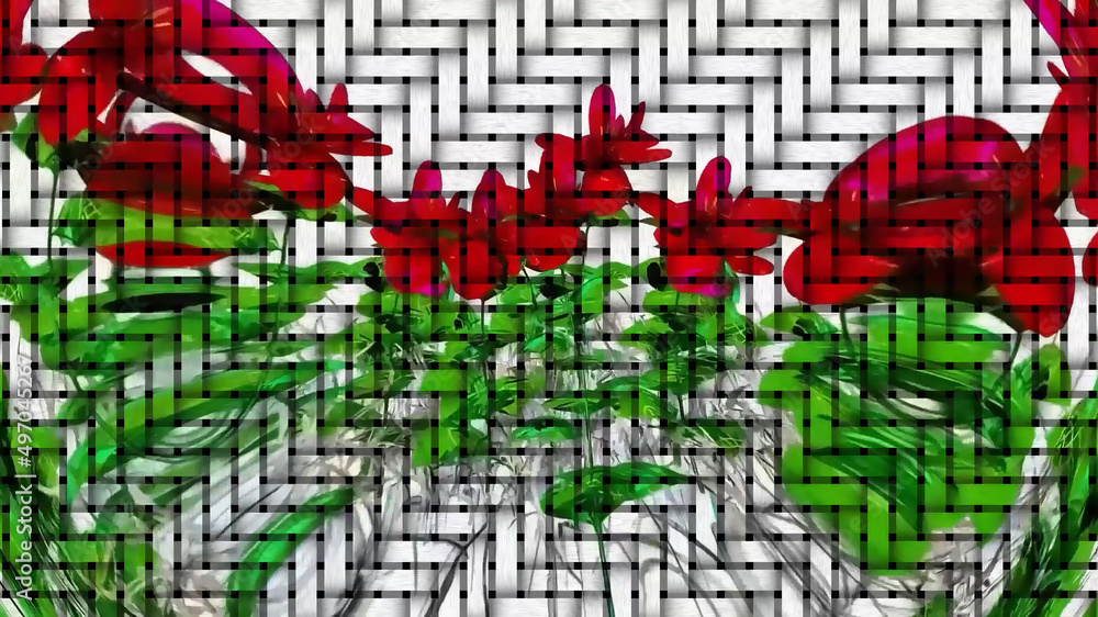 Botanical Grid Art Red Flower Digital Rendering Botanical Grid Art Red Flower Digital Rendering