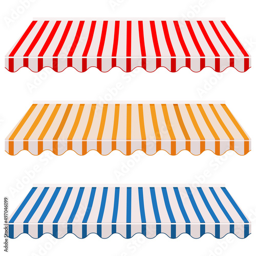 Vector illustration  collection of striped shop,store window awnings red, orange and blue. Awning, canopy icon
