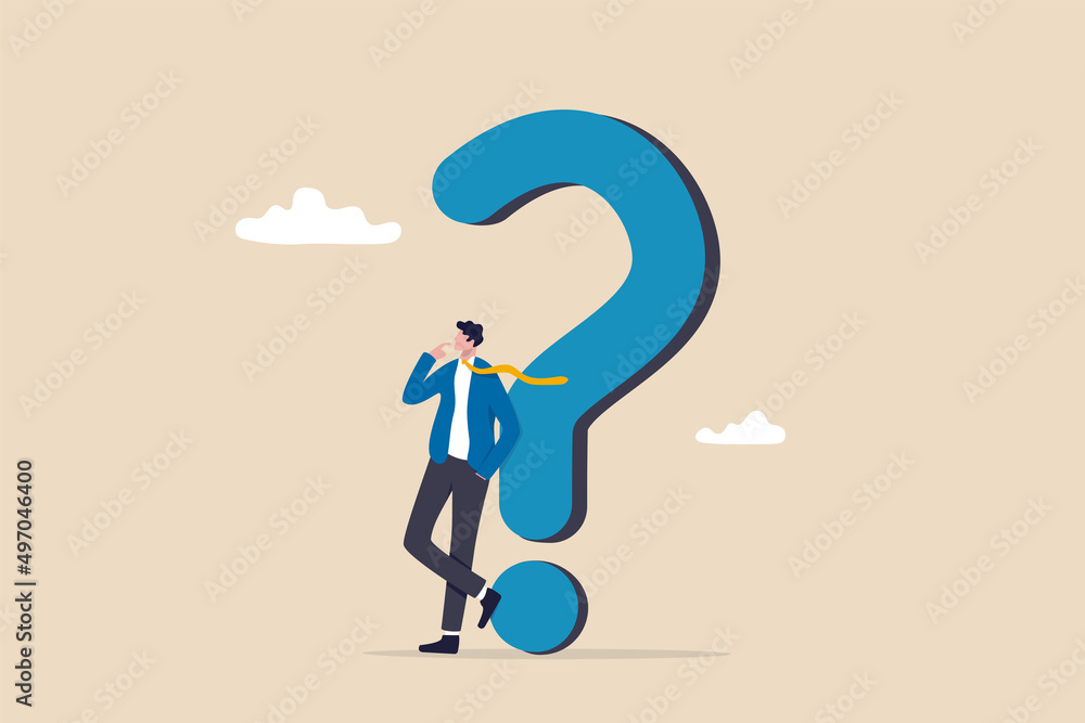 Question or problem solving, think about answer or solution, contemplation, doubt or concentration, FAQ frequently asked questions, doubtful businessman thinking about answer with big question mark. Question or problem solving, think about answer or solution, contemplation, doubt or concentration, FAQ frequently asked questions, doubtful businessman thinking about answer with big question mark.