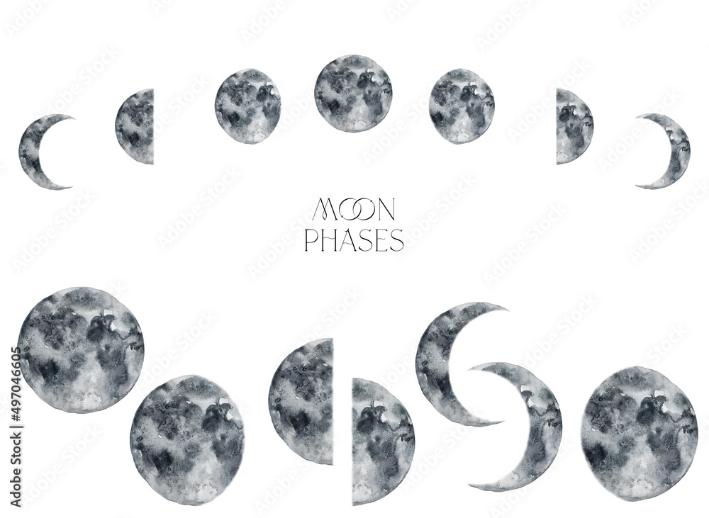 Obraz premium Watercolor abstract card of dark moon phases. Hand painted satellite isolated on white background. Minimalistic space illustration for design, print, fabric or background.