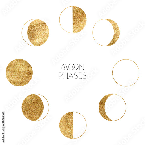Watercolor abstract card of gold moon phases. Hand painted satellite isolated on white background. Minimalistic space illustration for design, print, fabric or background.