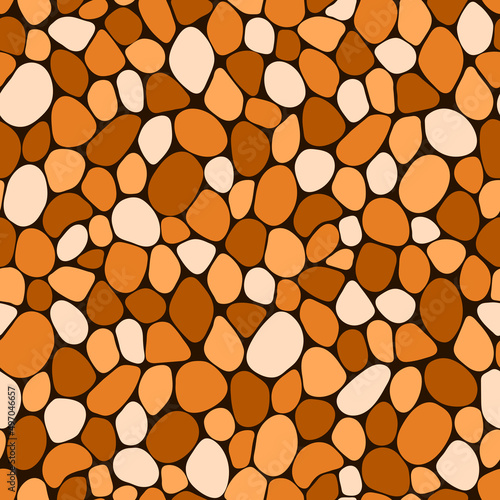 Pebble seamless pattern vector illustration. Stone repeat texture for landscape gardening outdoor and indoor interiors. sandstone pavement, shingle beaches, cobbled template wallpaper. Brown color