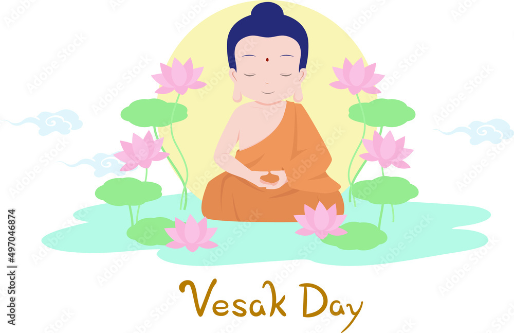 Buddha close eyes and sit cross-legged in the pond with blooming lotus. Vesak day flat style vector illustration.