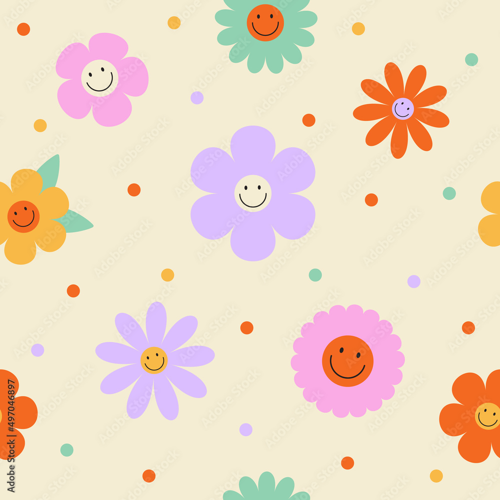 Seamless vector pattern with colorful groovy flowers and smiling faces. 70s, 80s, 90s vibes polka dot background. Abstract daisy and camomile emoji. Vintage nostalgia elements