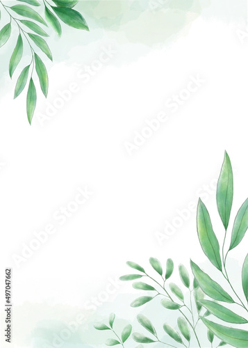 Watercolor background. Spring design with a composition of branches  leaves and watercolor spots. Minimal design for invitations  packaging and printing.