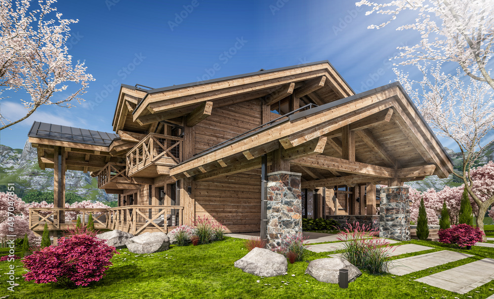 3d rendering of modern cozy chalet with pool and parking for sale or rent. Beautiful forest mountains on background. Fresh spring day with a blooming trees with flowers of sakura on background. 3d rendering of modern cozy chalet with pool and parking for sale or rent. Beautiful forest mountains on background. Fresh spring day with a blooming trees with flowers of sakura on background.
