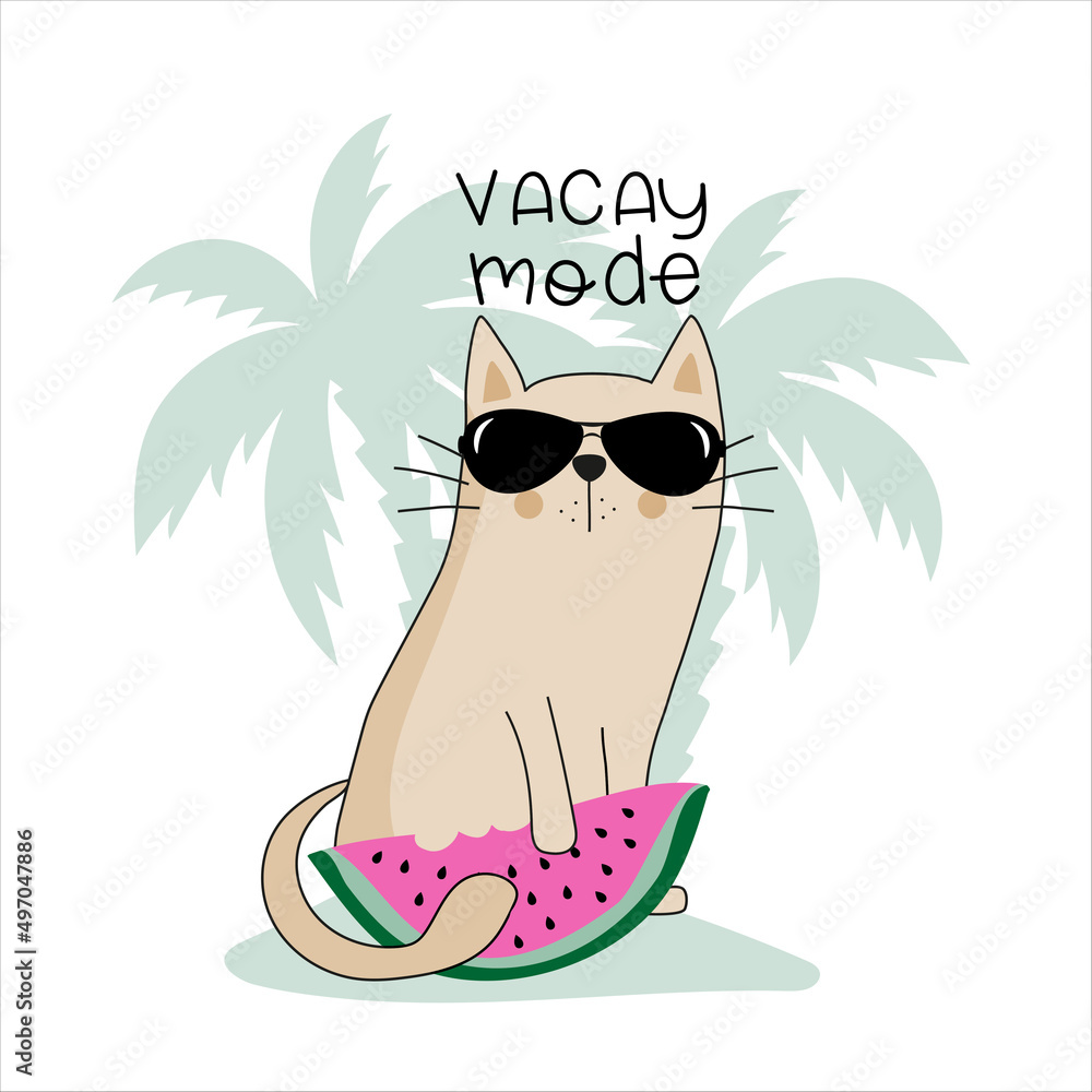 Foto Vacay mode - cool cat with watermelon slice