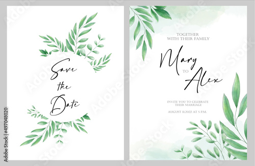 Wedding invitation, Floral invitation, Green leaves and branches, Eco-friendly design, save the date card. Invitation modern greeting card design elegant watercolor rustic template