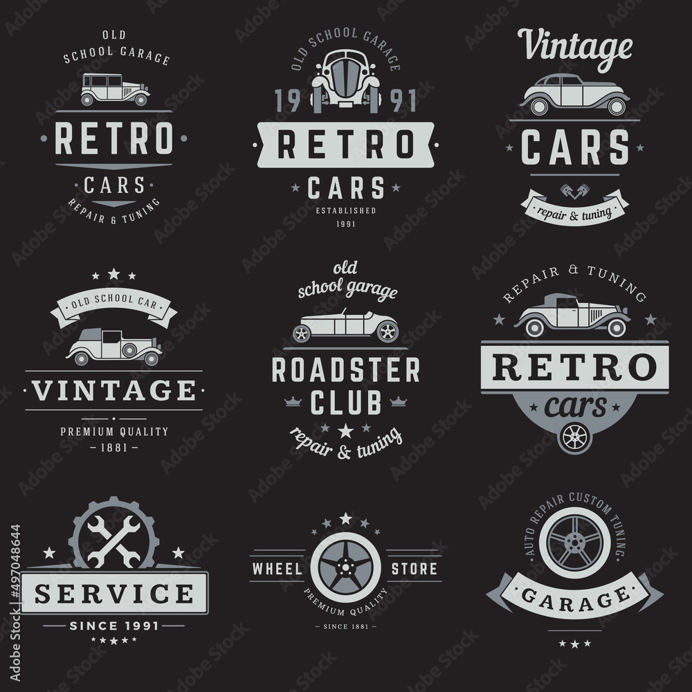 Collection vintage cars service and club black and white monochrome label with place for text vector illustration. Set retro automobile logo decorative design roadster, wheel store, garage, tuning