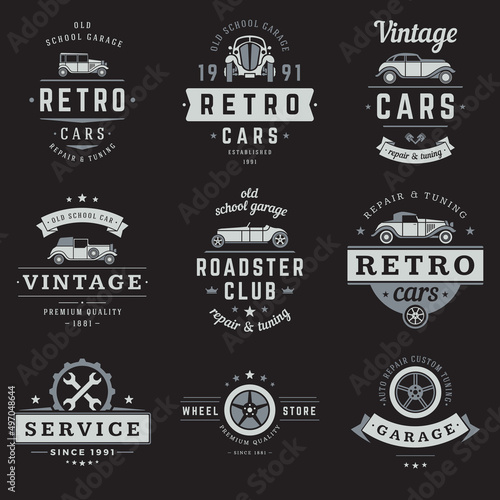 Collection vintage cars service and club black and white monochrome label with place for text vector illustration. Set retro automobile logo decorative design roadster, wheel store, garage, tuning