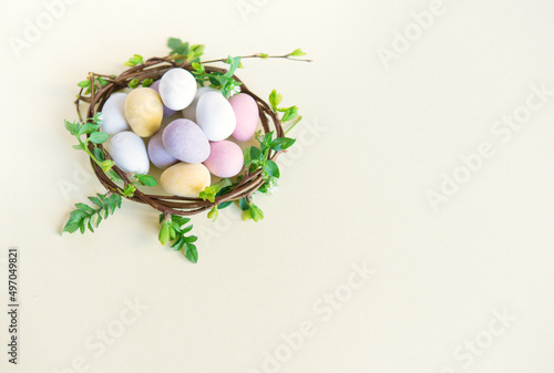 Easter colored eggs on a fashionable light background. minimal concept. Card with copy space for text.