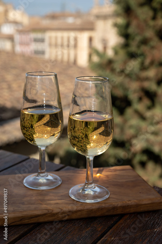 Tasting of Spanish sweet and dry fortified Vino de Jerez sherry wine with view on roofs and houses of old andalusian town