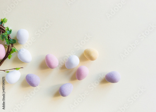 Easter colored eggs on a fashionable light background. minimal concept. Card with copy space for text.