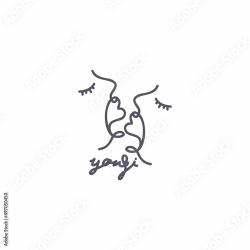 Abstract couple faces and heart by one line drawing. "you & i" quote text. Portrait minimalistic style. Modern continuous line art. Fashion, Beauty print Design. Pride month