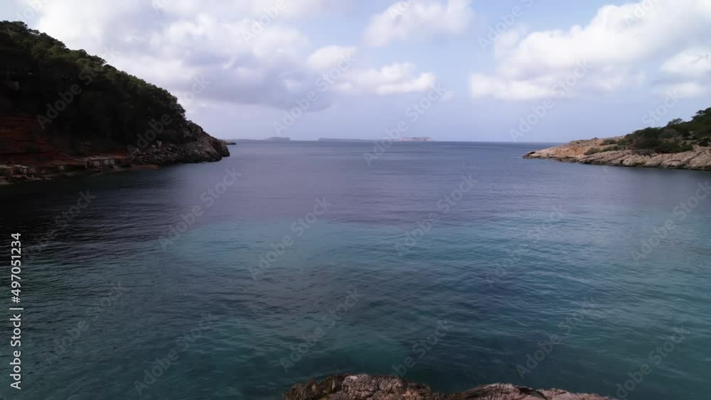 Cala Salada, beach and cove in Ibiza, drone forward. Cala Salada, beach and cove in Ibiza, drone forward.