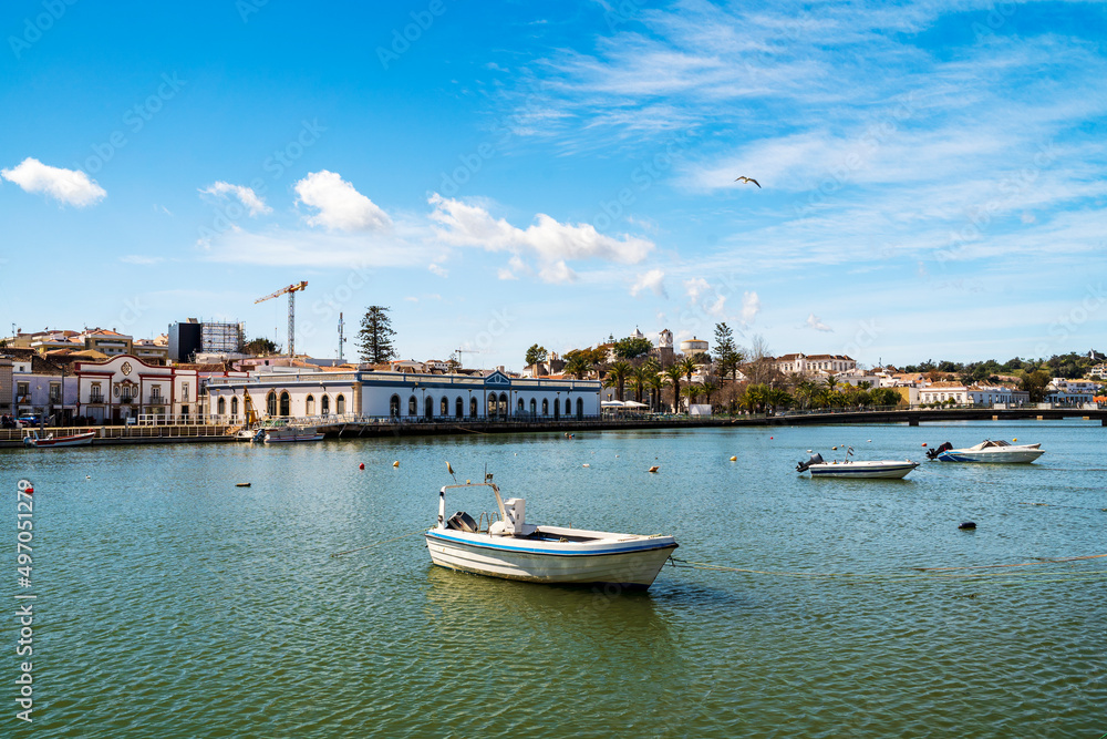 Beautiful cityscape of historic Tavira by Gilao river, Algarve, Portugal