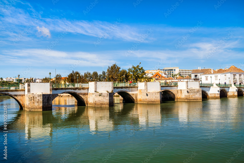 Obraz premium Beautiful cityscape of historic Tavira by Gilao river, Algarve, Portugal