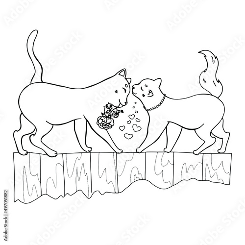 Lovely cats. Enamored cats go along the fence. Illustration for children's coloring, stickers, textiles, paper, clothes, notebooks, dishes. Line art. Vector black and white illustration. Isolated.