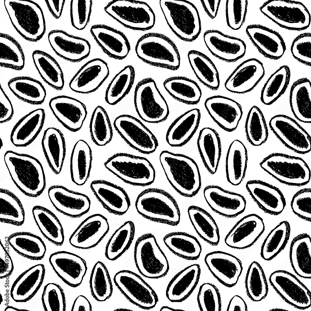 Messy polka dot vector seamless pattern. Ink dry brush lines with spots background. Black and white textured pattern. Tribal dot pattern with hand painted irregular black dot with wavy thin lines. 
