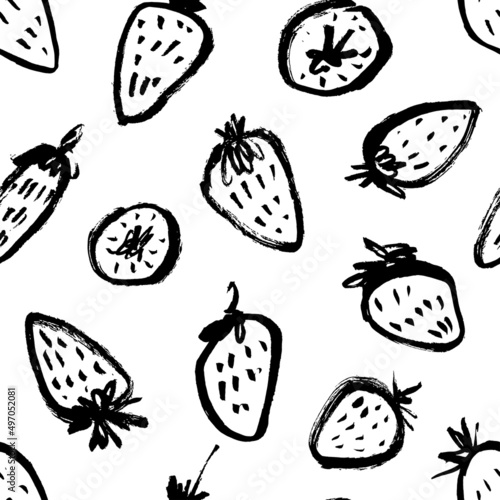 Hand drawn strawberry seamless vector pattern. Black doodle sketches. Line brush strokes with texture. Seamless tropical pattern with strawberry. Ink illustration isolated on white background