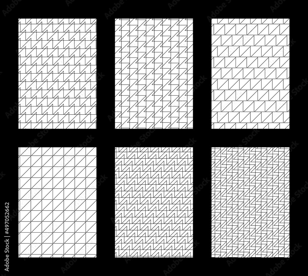 Pack de seis patrones geométricos simples para fondos de diseño o estampados, formas triangulares, vectores abstractos en blanco y negro