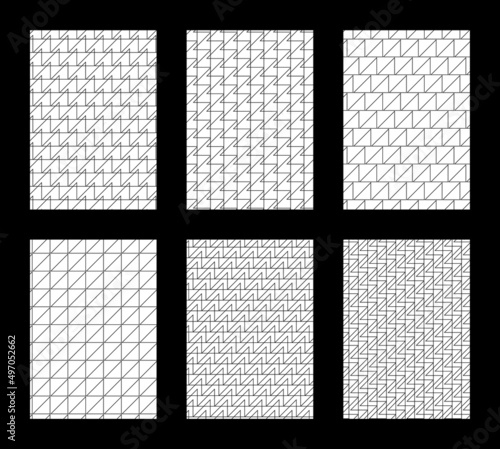 Pack de seis patrones geométricos simples para fondos de diseño o estampados, formas triangulares, vectores abstractos en blanco y negro