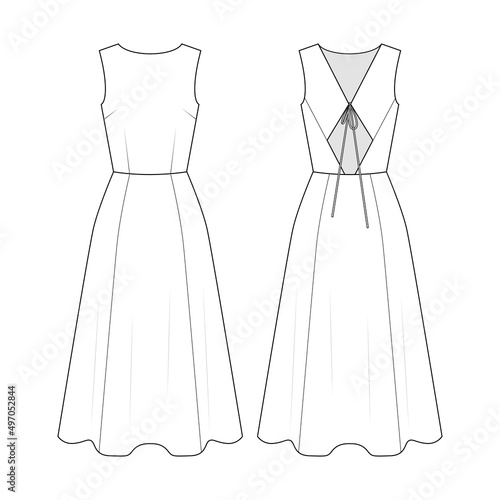 Fashion technical drawing of summer sleeveless dress with flared skirt and cutout back