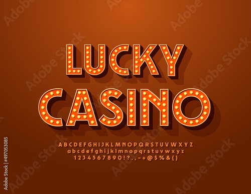 Vector luxury poster Lucky Casino. Illuminated stylish Font. Light bulb Alphabet Letters, Numbers and Symbols set 